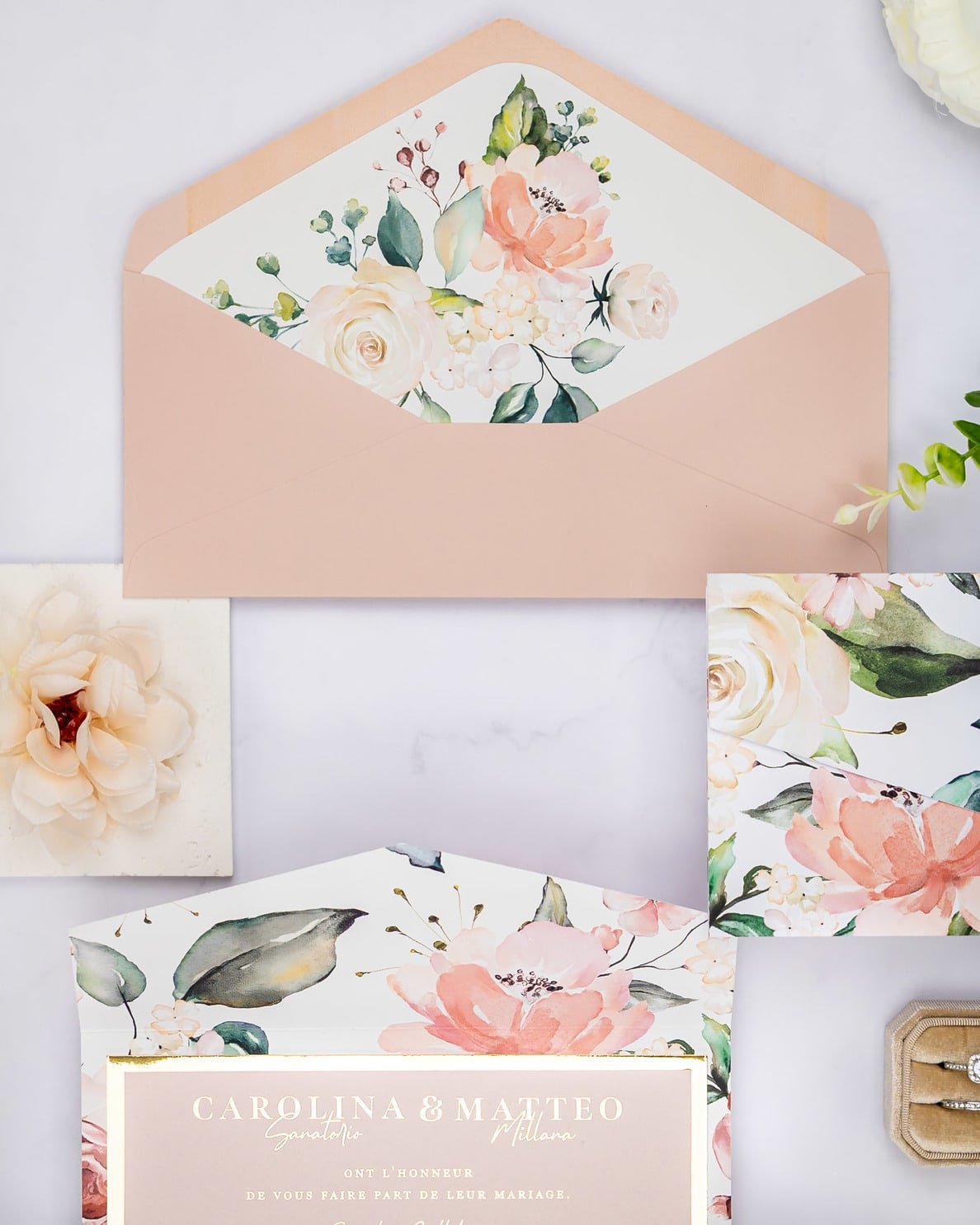 "Vany" - Faire-part de mariage fleuris élégant et romantique avec dorure or et wax seal – Wedding stationery - Création Luxe Carterie Studio