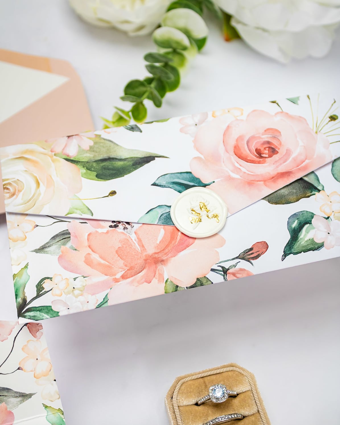 "Vany" - Faire-part de mariage fleuris élégant et romantique avec dorure or et wax seal – Wedding stationery - Création Luxe Carterie Studio