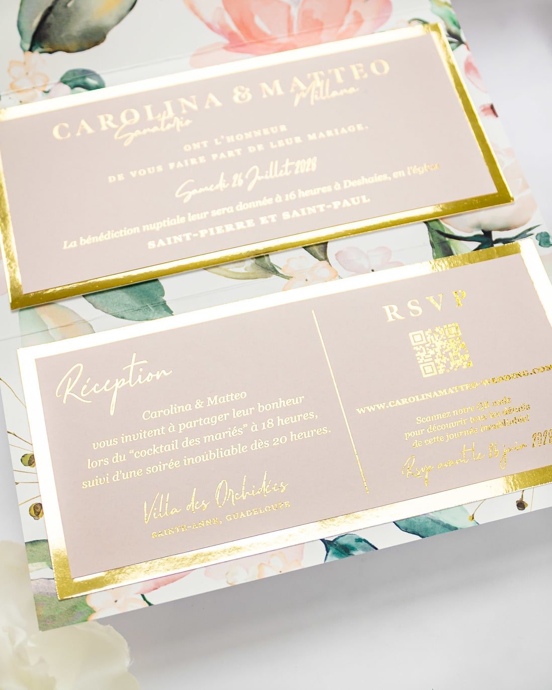"Vany" - Faire-part de mariage fleuris élégant et romantique avec dorure or et wax seal – Wedding stationery - Création Luxe Carterie Studio