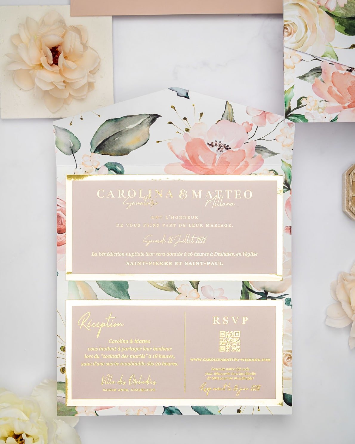 "Vany" - Faire-part de mariage fleuris élégant et romantique avec dorure or et wax seal – Wedding stationery - Création Luxe Carterie Studio