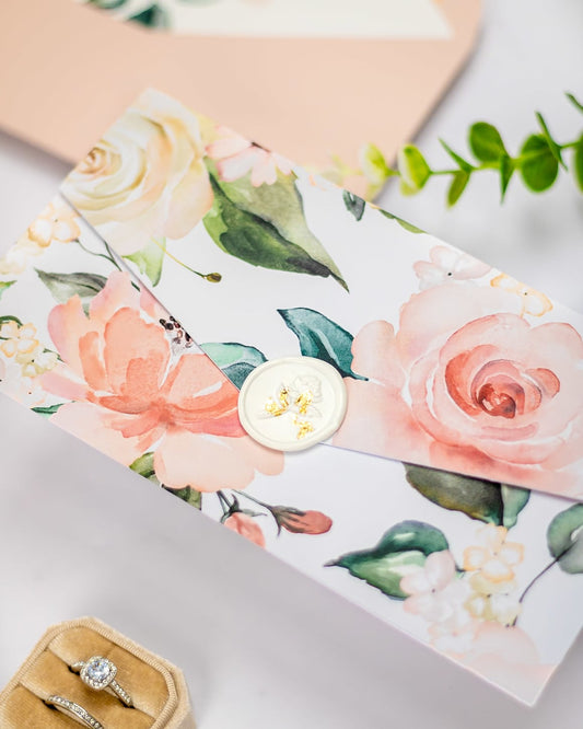 "Vany" - Faire-part de mariage fleuris élégant et romantique avec dorure or et wax seal – Wedding stationery - Création Luxe Carterie Studio