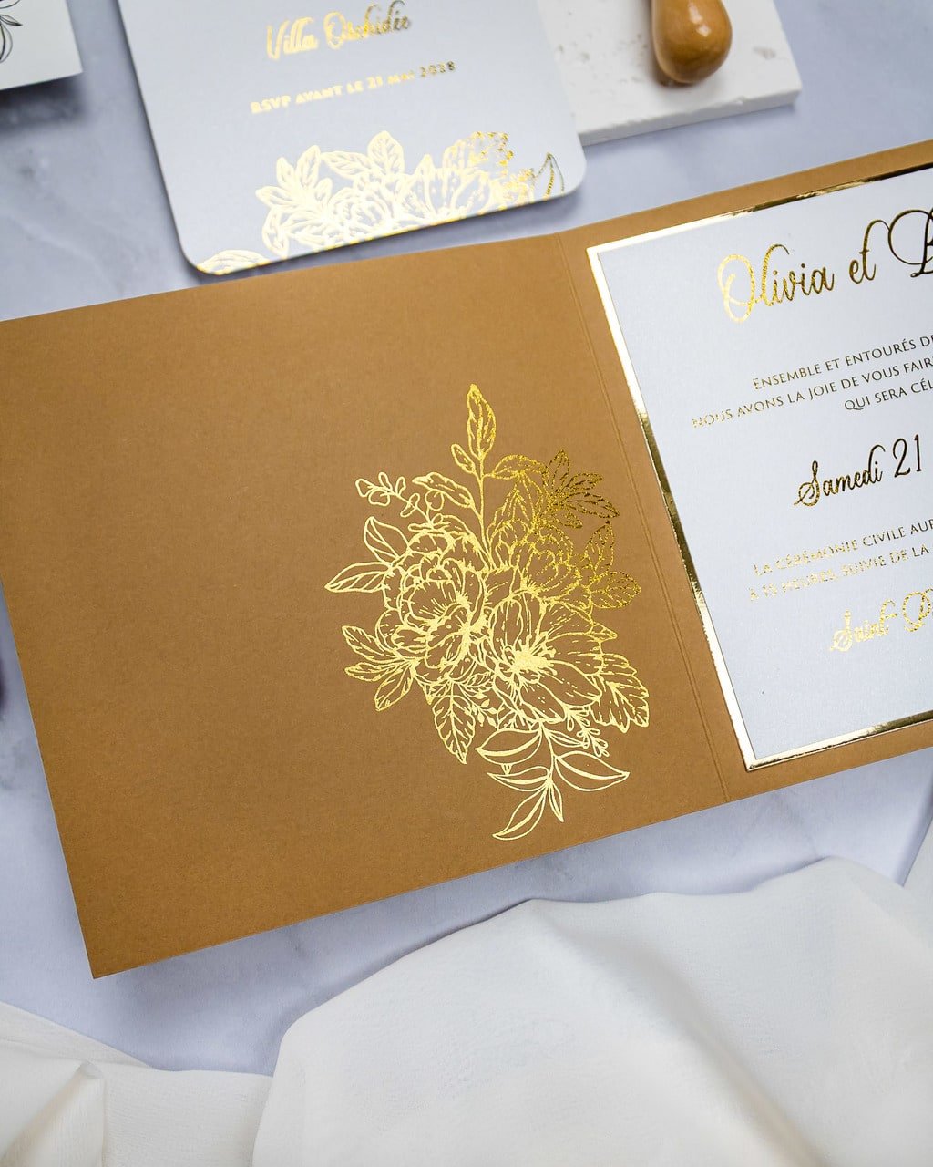 "Zara" - Faire-part de mariage chic, élégant et romantique avec dorure or - Wedding stationery - Création Luxe Carterie Studio